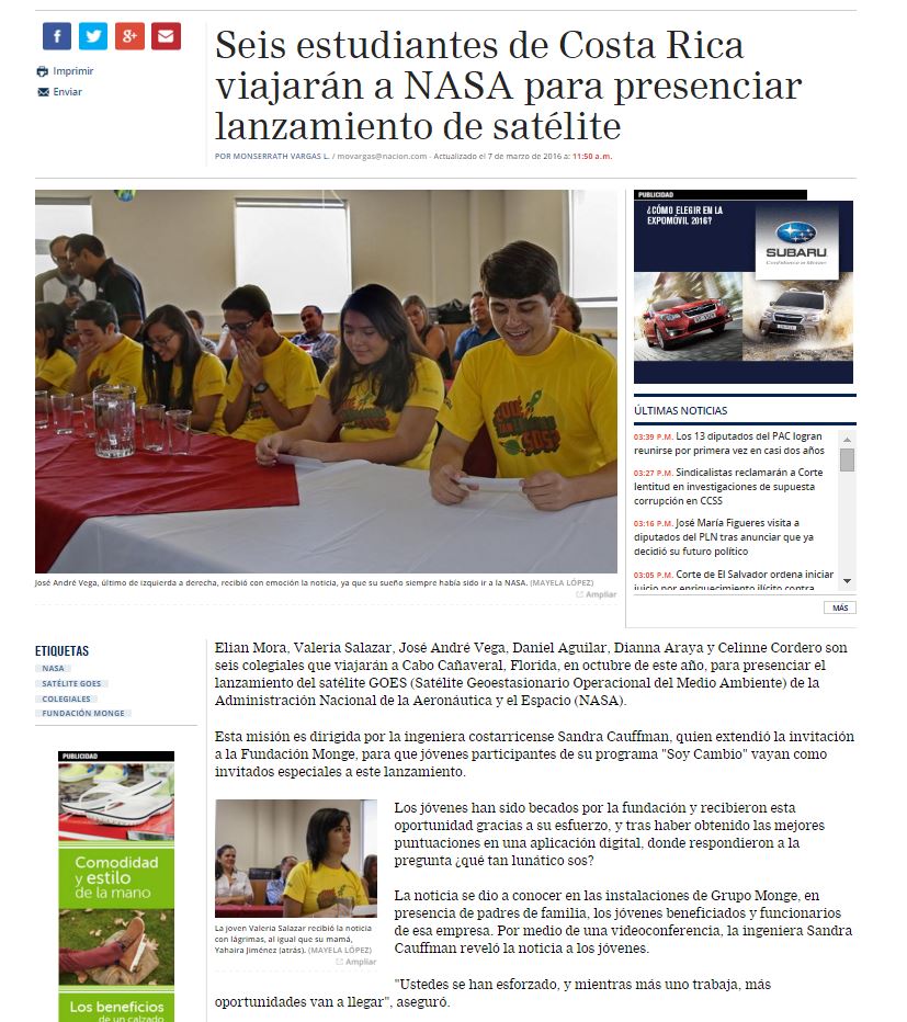 07-03-16 Nacion.com 6 estudiantes de CR viajaran a la nasa para presenciar lanzamiento de satelite