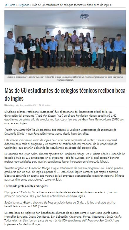 11-05-2015, vidayexito.net, M†s de 60 estudiantes de colegios tÇcnicos reciben beca de inglÇs